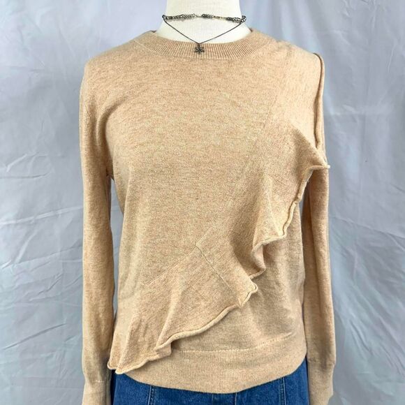 J. CREW Tan Wool Long Sleeve Sweater Asymmetrical Ruffle Sz M Preppy Minimalist - Picture 2 of 6